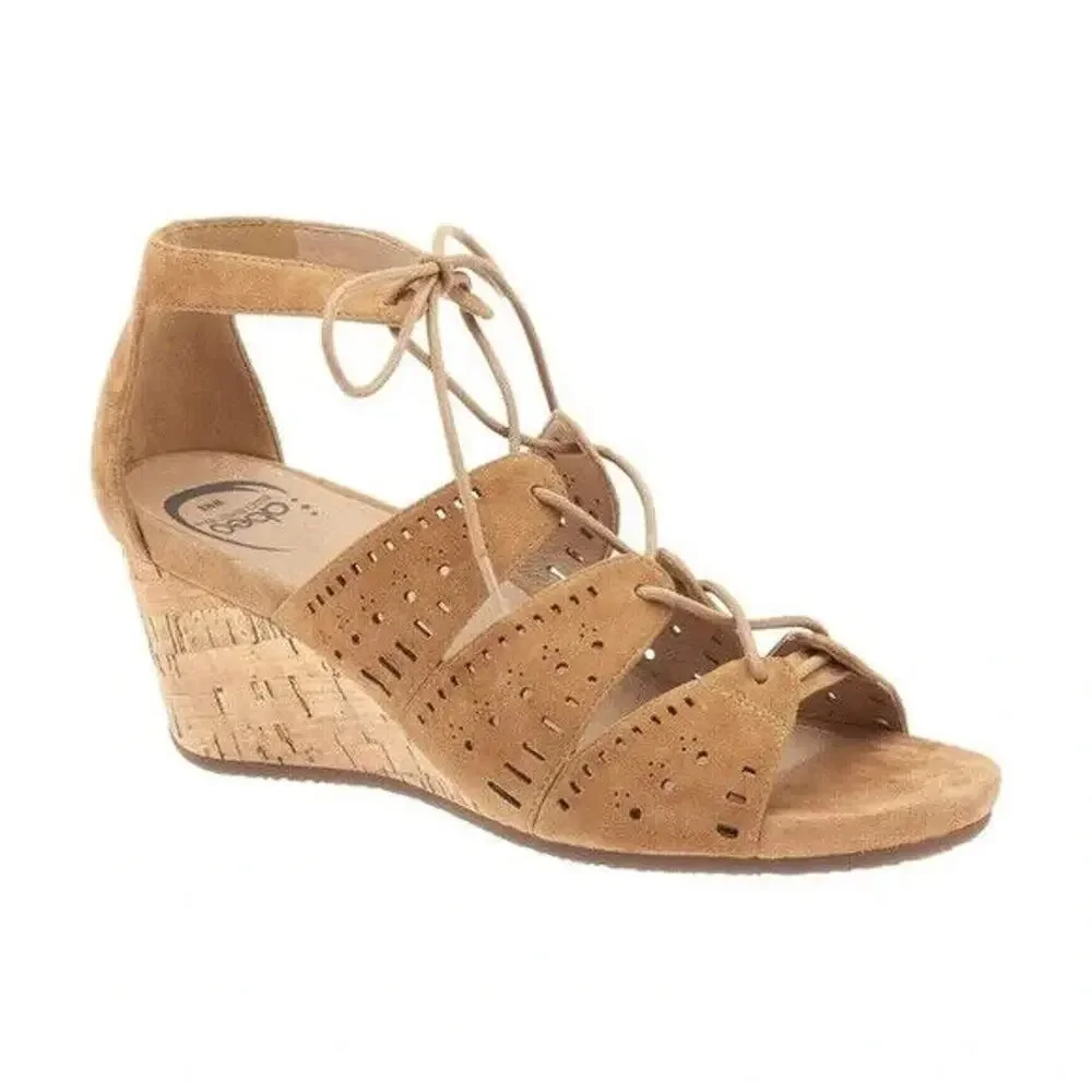 Abeo Lilia Tan Suede Cork Wedge Sandal Beige Brown Open Toe Strappy Tie …
